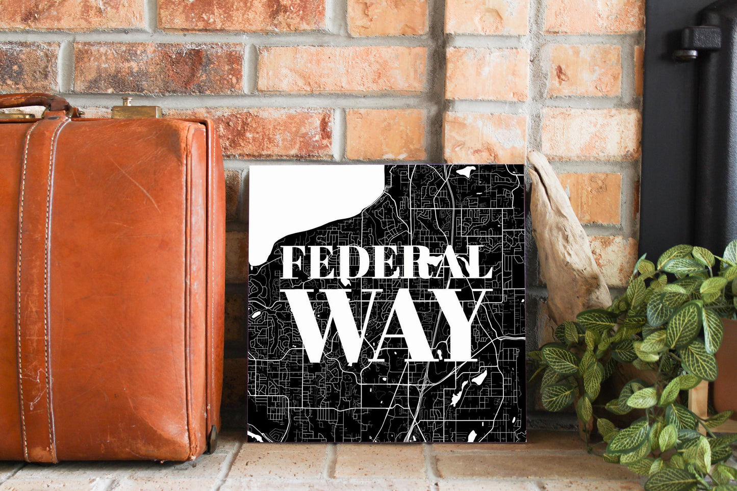 Minimalistic B&W Washington Federal Way Map | Wood Sign | Eaches | Min 2