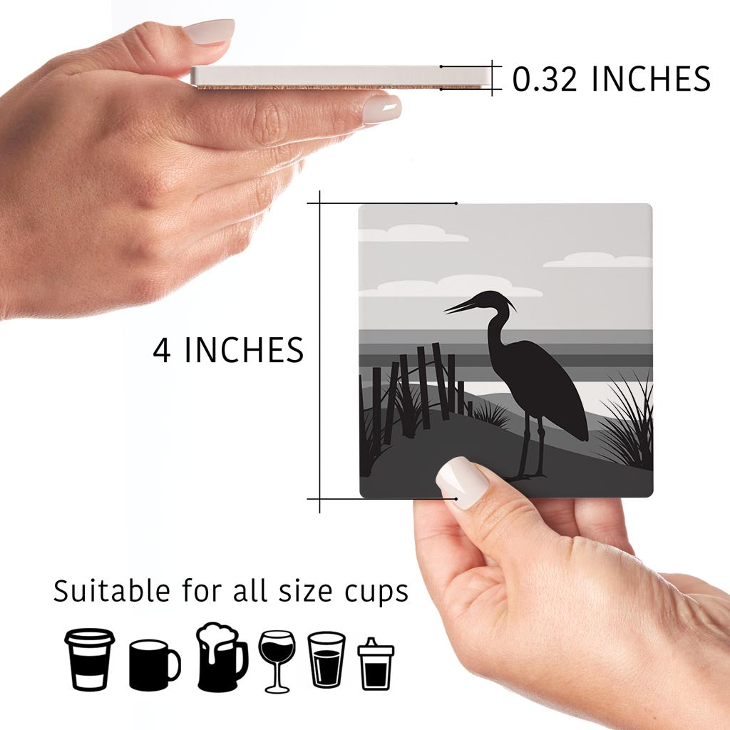 Minimalistic B&W Cape Cod Heron Illustration| Absorbent Coasters | Set of 4 | Min 2