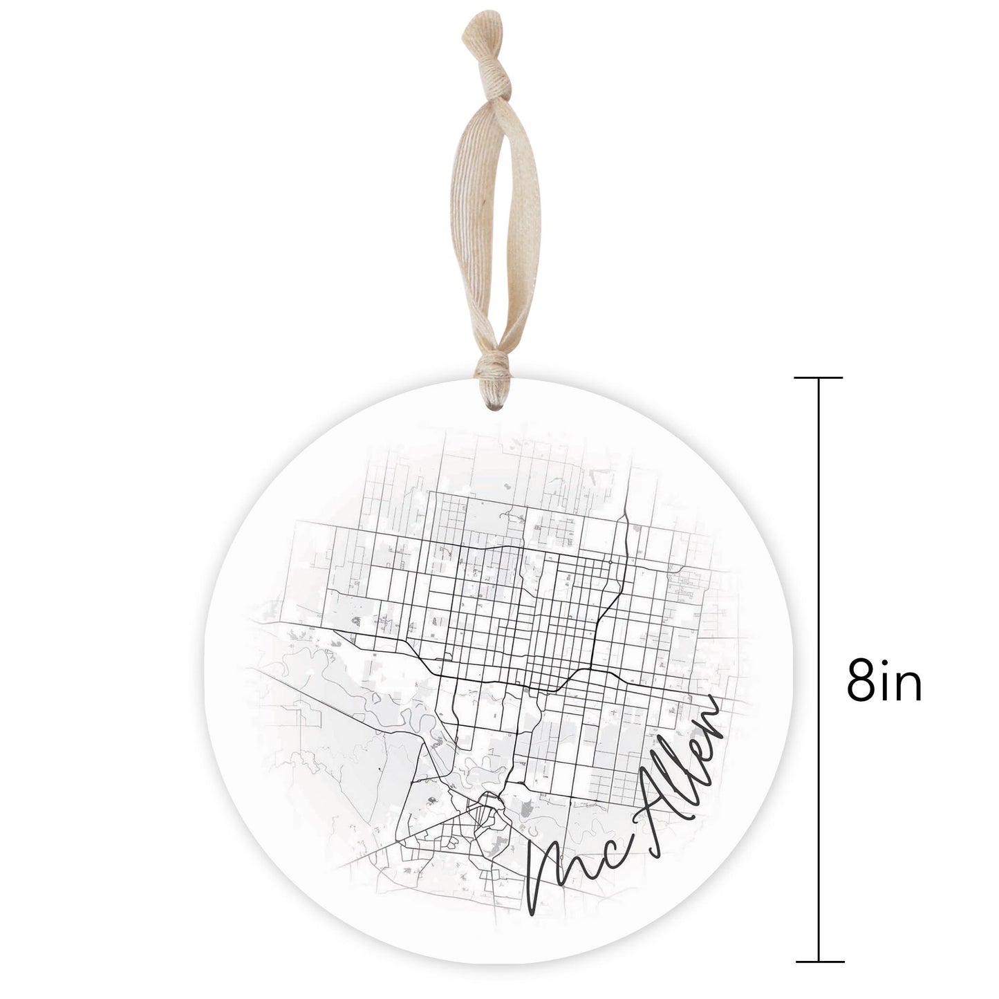 Minimalistic B&W Texas Mcallen Circle Map | Wood Ornament | Eaches | Min 1