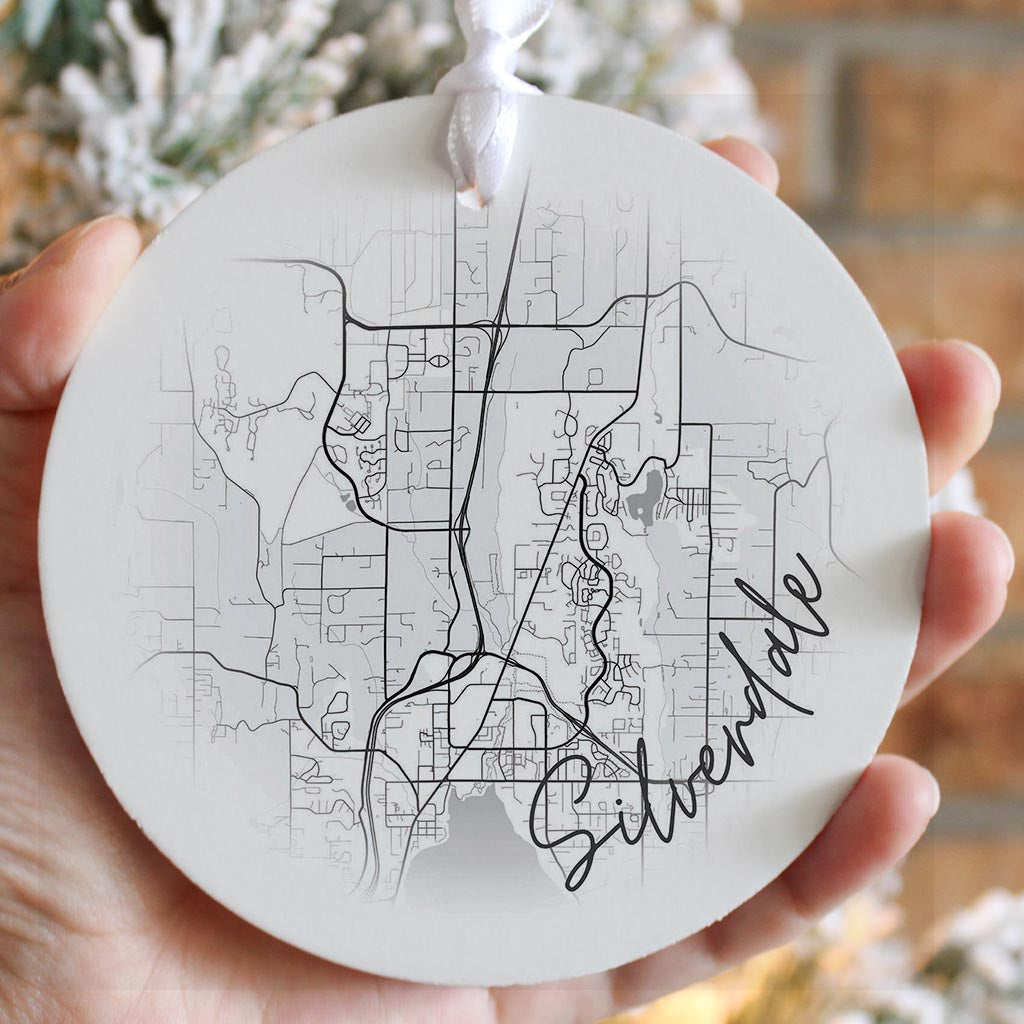 Minimalistic B&W Washington Silverdale Circle Map | Wood Ornament | Eaches | Min 6