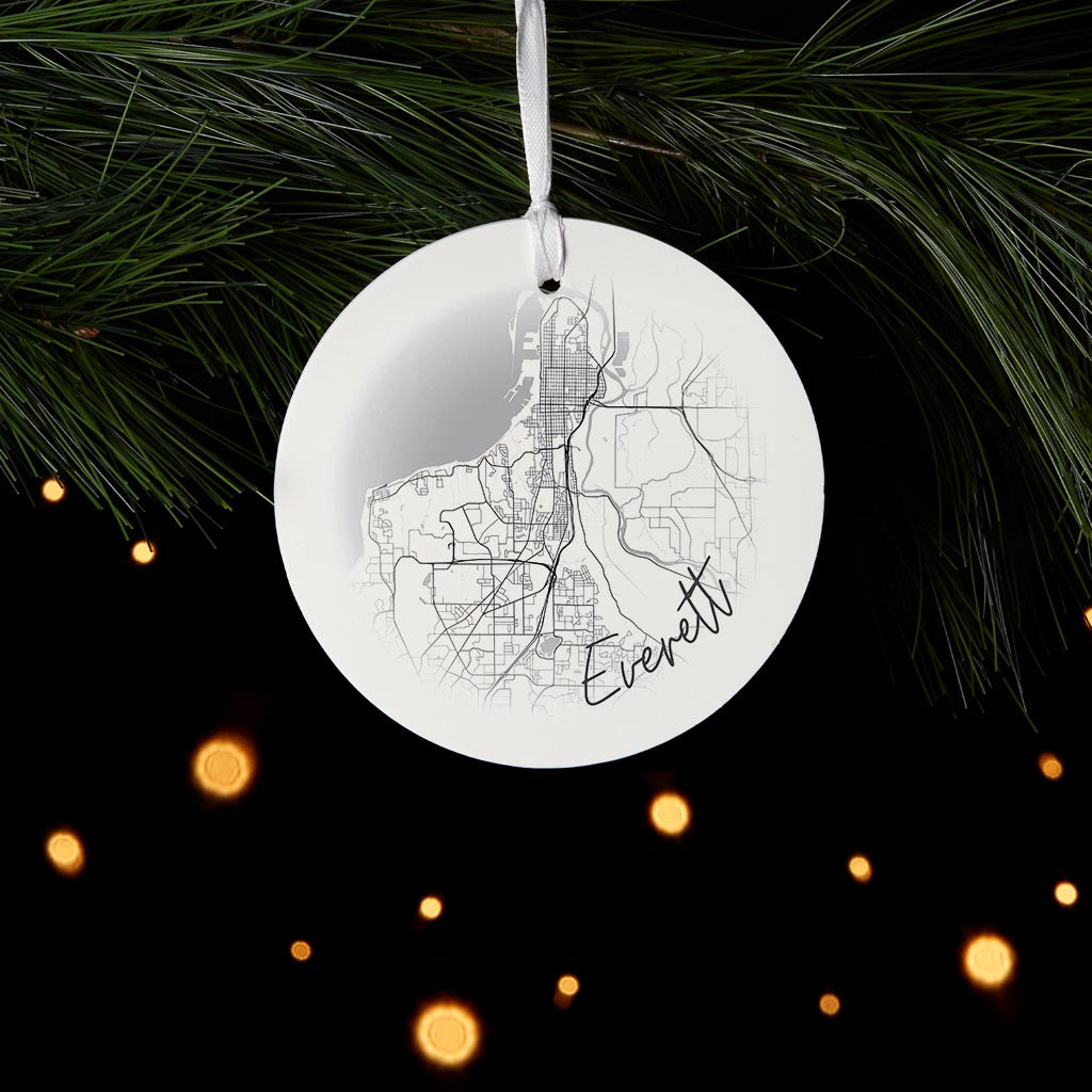 Minimalistic B&W Washington Everett Circle Map | Wood Ornament | Eaches | Min 6