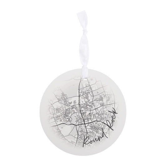 Minimalistic B&W Texas Round Rock Circle Map | Wood Ornament | Eaches | Min 6