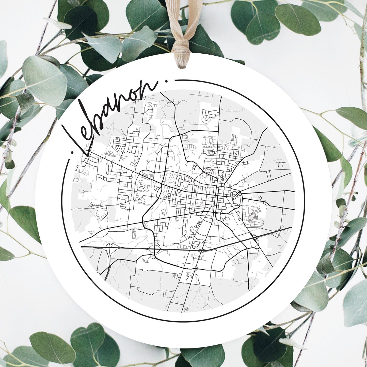 Minimalist B&W Tennessee Lebanon Circle Map | Wood Ornament | Eaches | Min 1