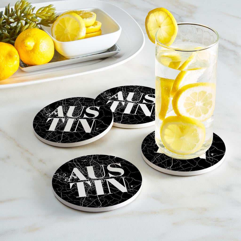 Modern Black Austin Map | Absorbent Coasters | Set of 4 | Min 2