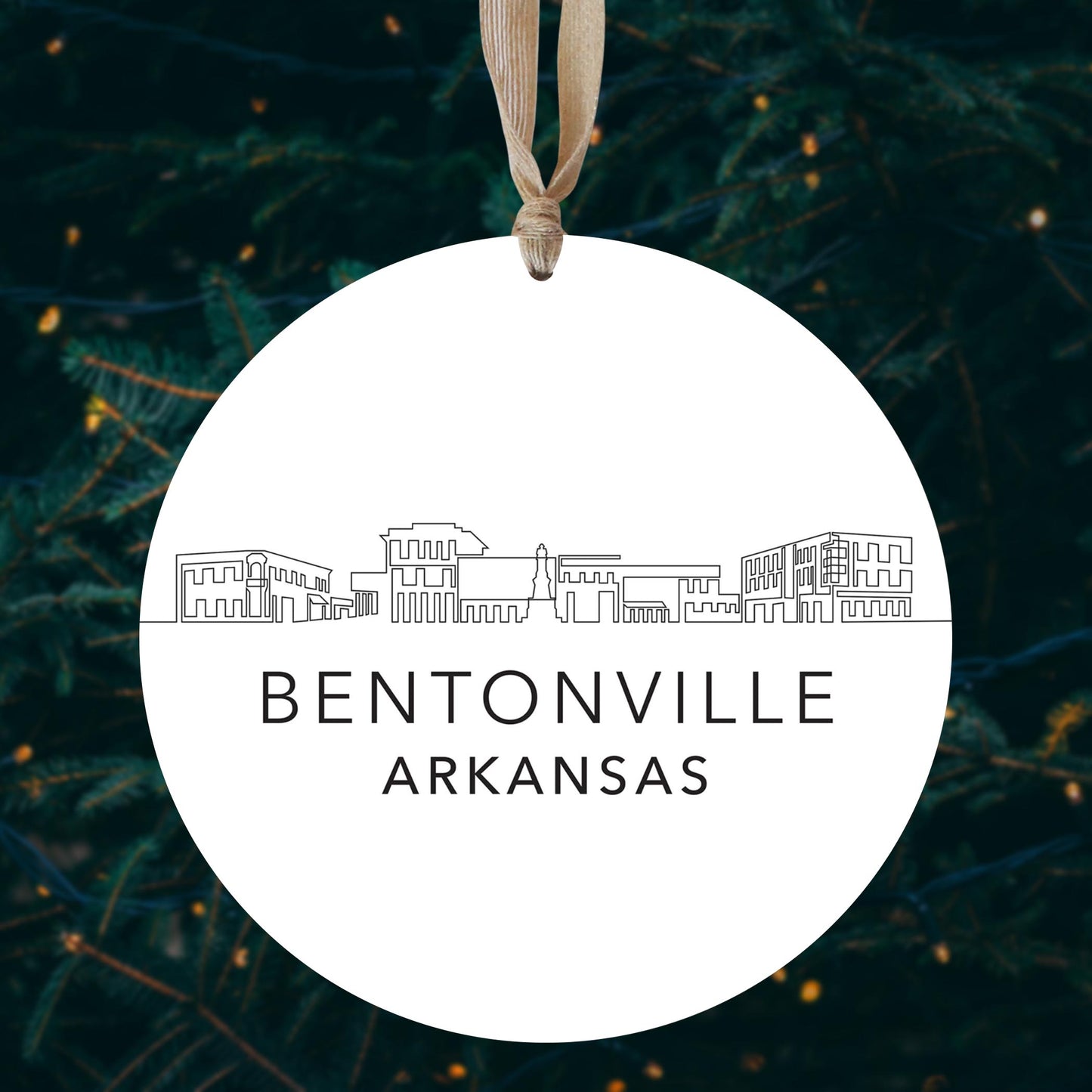 Minimalist B&W Arkansas Bentonville Skyline | Wood Ornament | Eaches | Min 1
