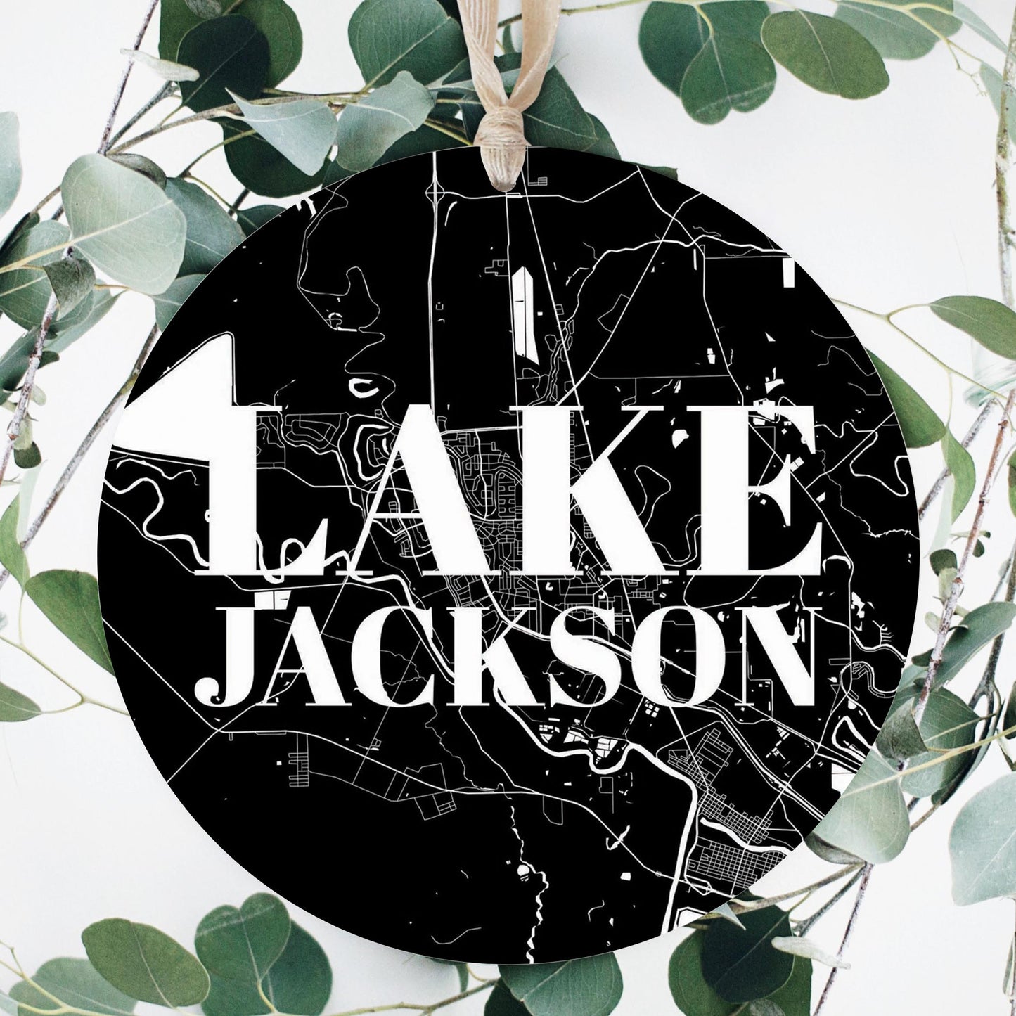 Minimalistic B&W Texas Lake Jackson Map | Wood Ornament | Eaches | Min 1