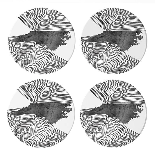 Minimalistic B&W North Carolina State With Fluid Lines | Absorbent Coasters | Set of 4 | Min 2