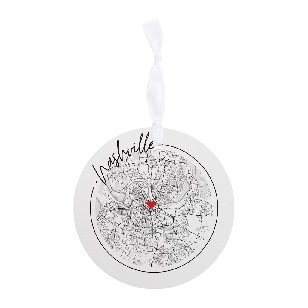 Minimalist B&W Tennessee Nashville Circle Map Heart | Wood Ornament | Eaches | Min 6