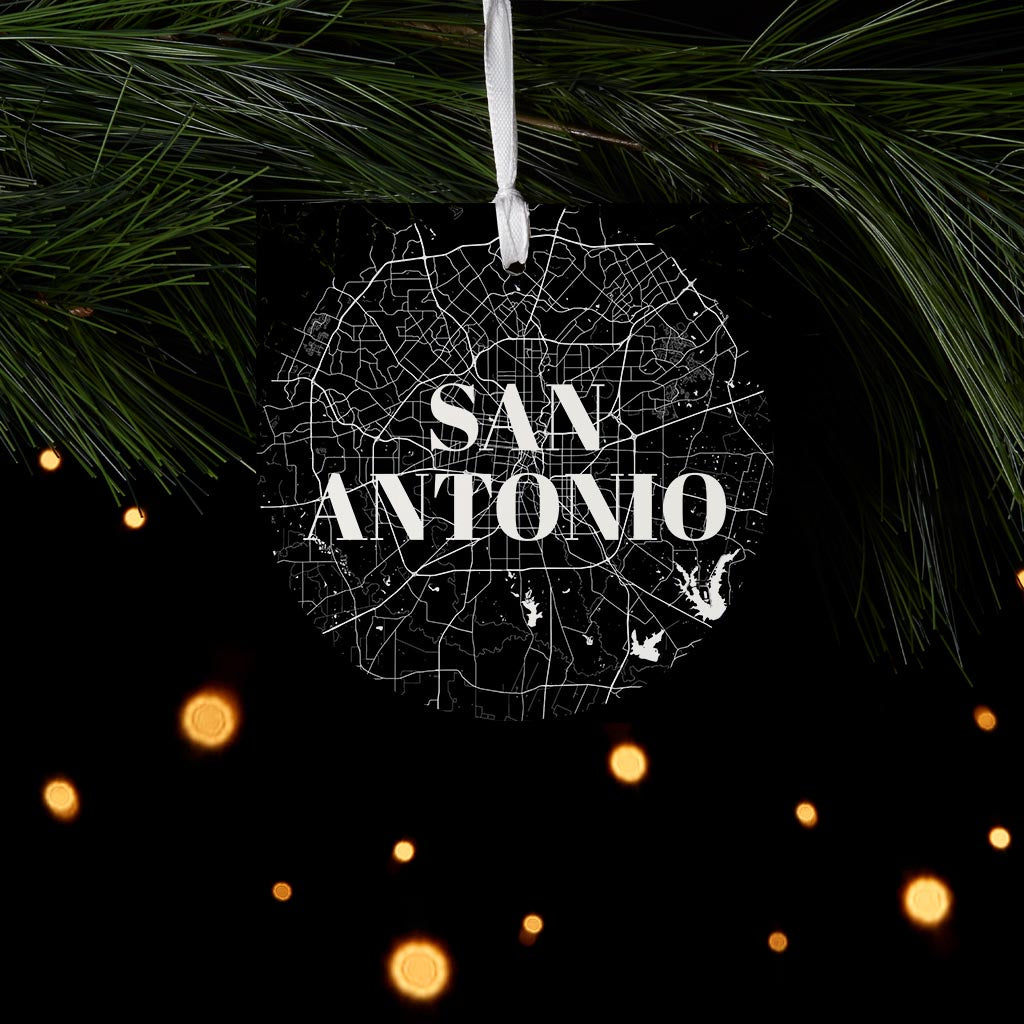 Minimalistic B&W Texas San Antonio Map | Wood Ornament | Eaches | Min 6