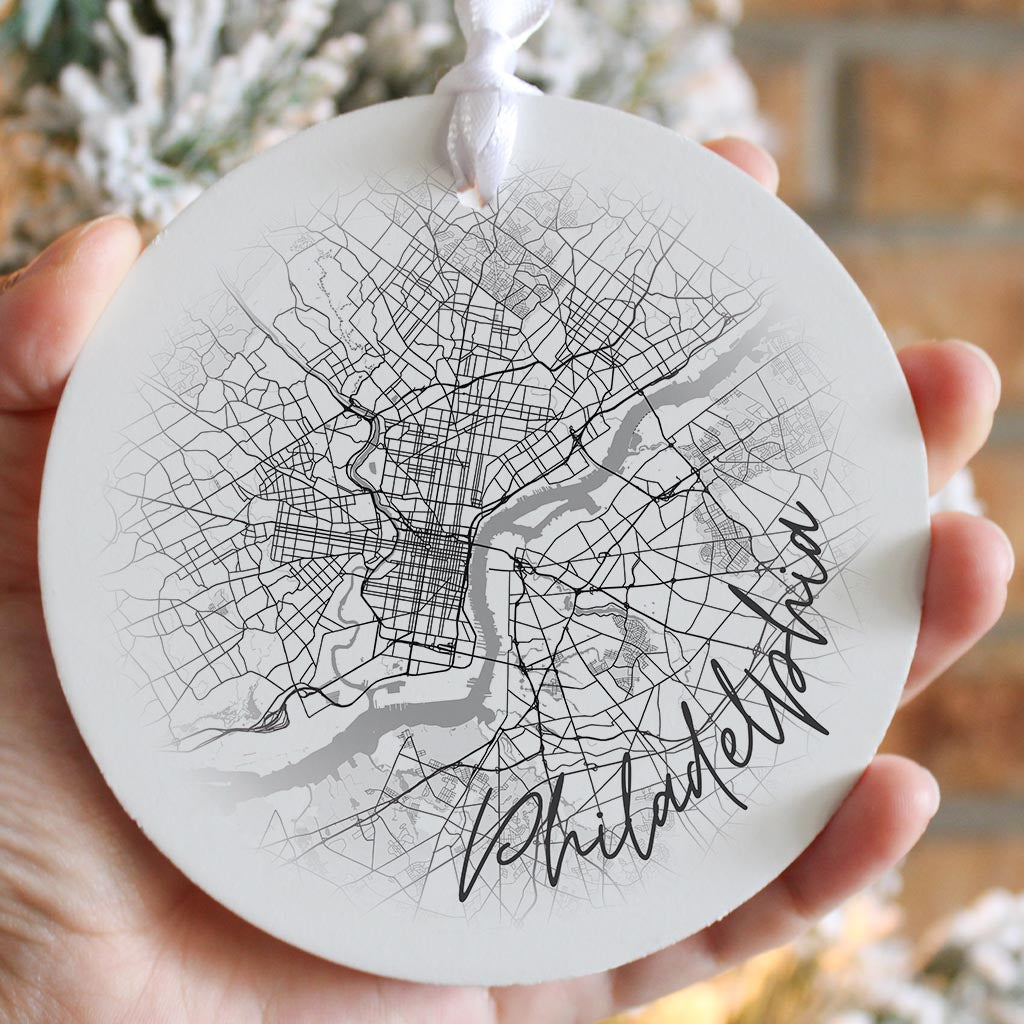 Minimalistic B&W Pennsylvania Philadelphia Circle Map| Wood Ornament | Eaches | Min 6