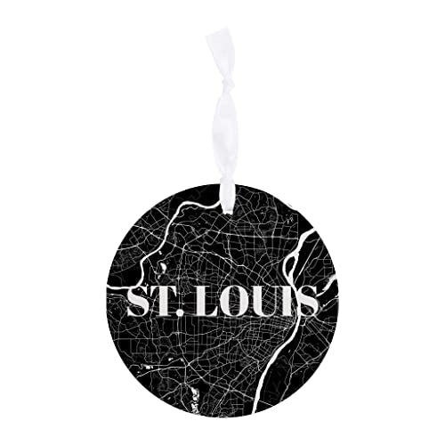 Minimalist B&W Missouri St Louis Map Joyride Home Decor Ornament 4 Inch Wooden Round Ornament With White Ribbon Christmas Decor Gift Tag Artist Designed| Wood Ornament | Eaches | Min 6