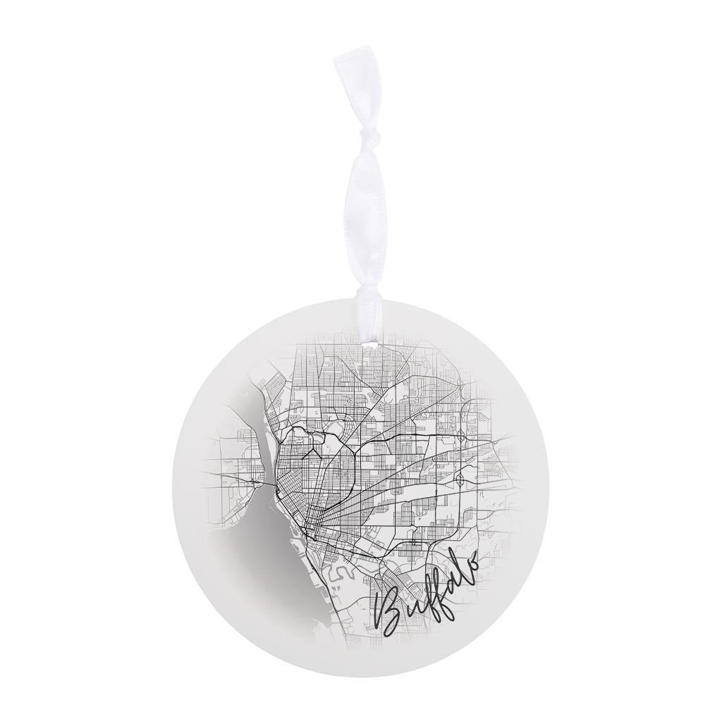 Minimalistic B&W New York Buffalo Faded Circle Map | Wood Ornament | Eaches | Min 6