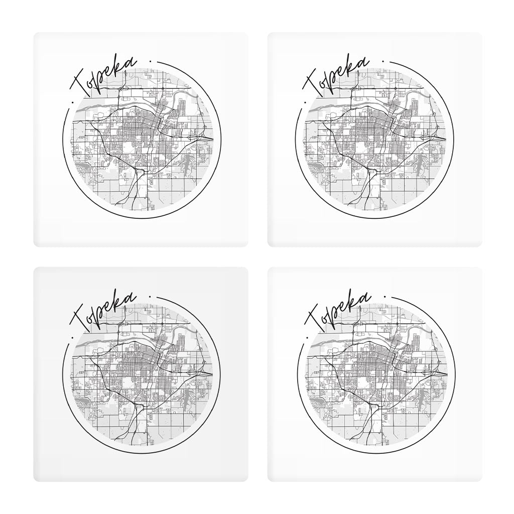 Minimalist B&W Kansas Topeka Circle Map | Absorbent Coasters | Set of 4 | Min 2