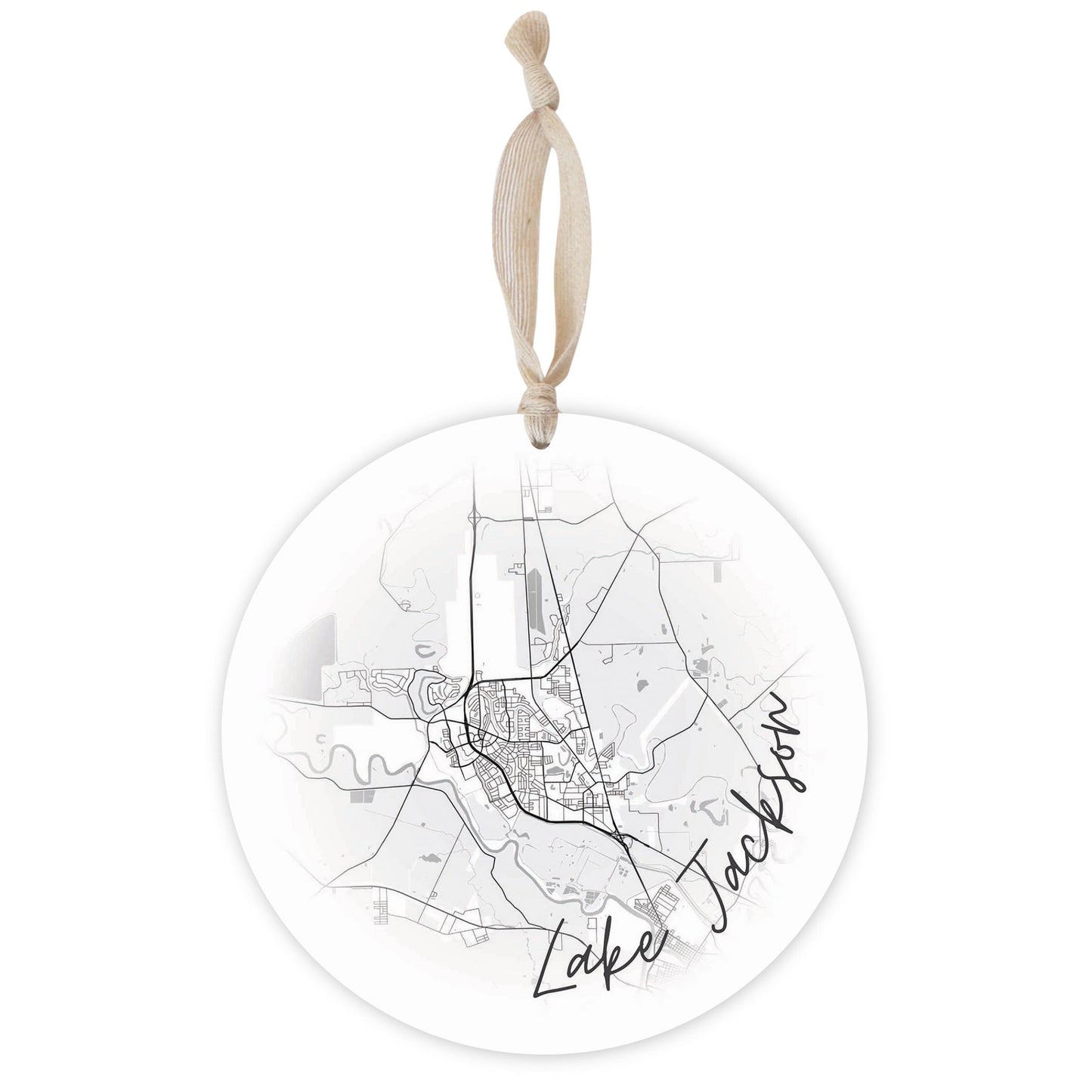 Minimalistic B&W Texas Lake Jackson Circle Map | Wood Ornament | Eaches | Min 1