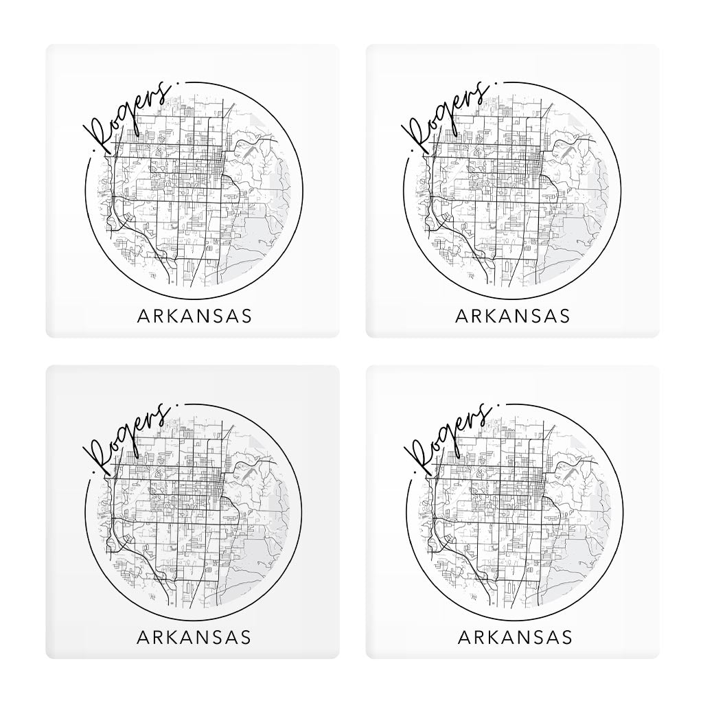 Minimalist B&W Arkansas Rogers Circle Map State | Absorbent Coasters | Set of 4 | Min 2