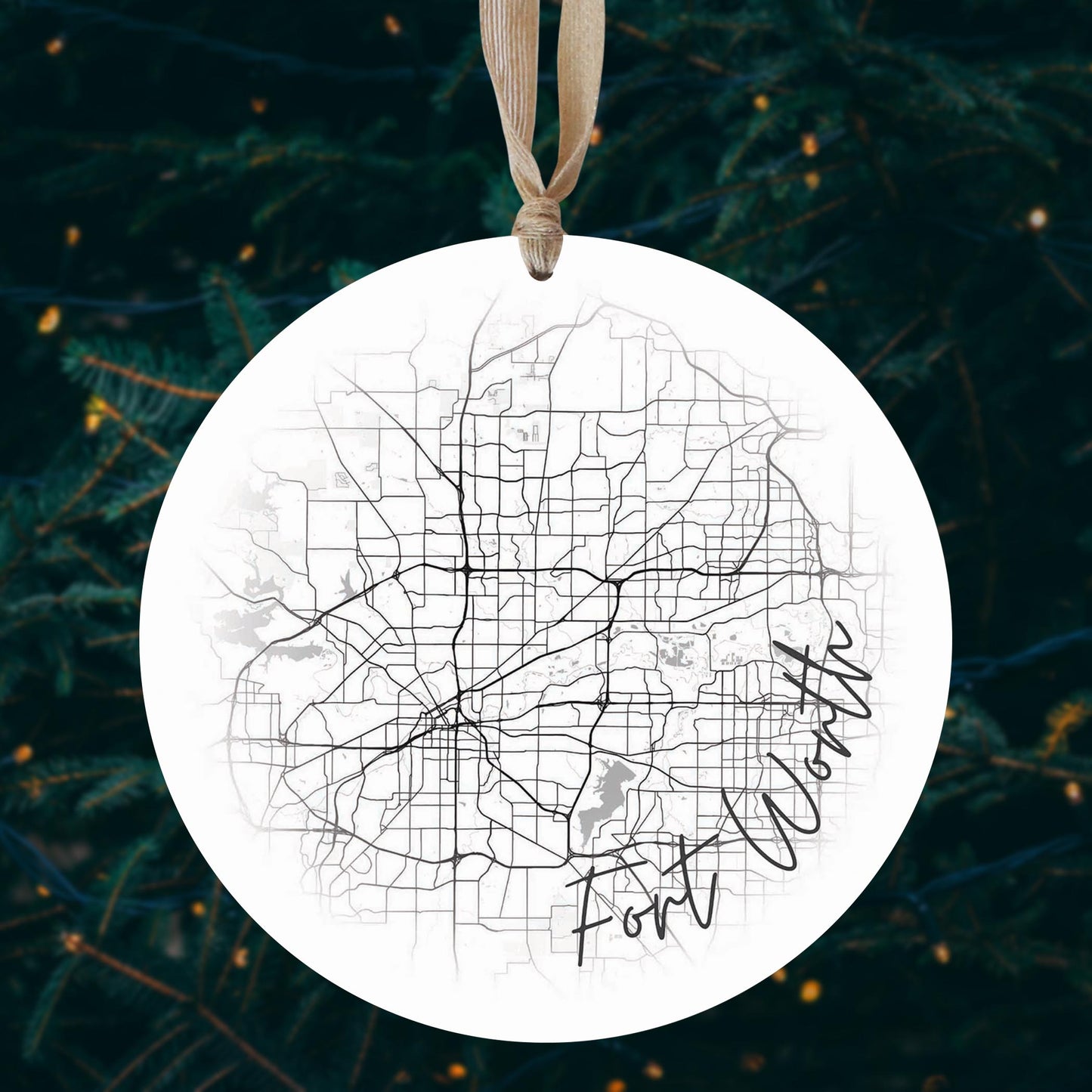 Minimalistic B&W Texas Fort Worth Circle Map | Wood Ornament | Eaches | Min 1