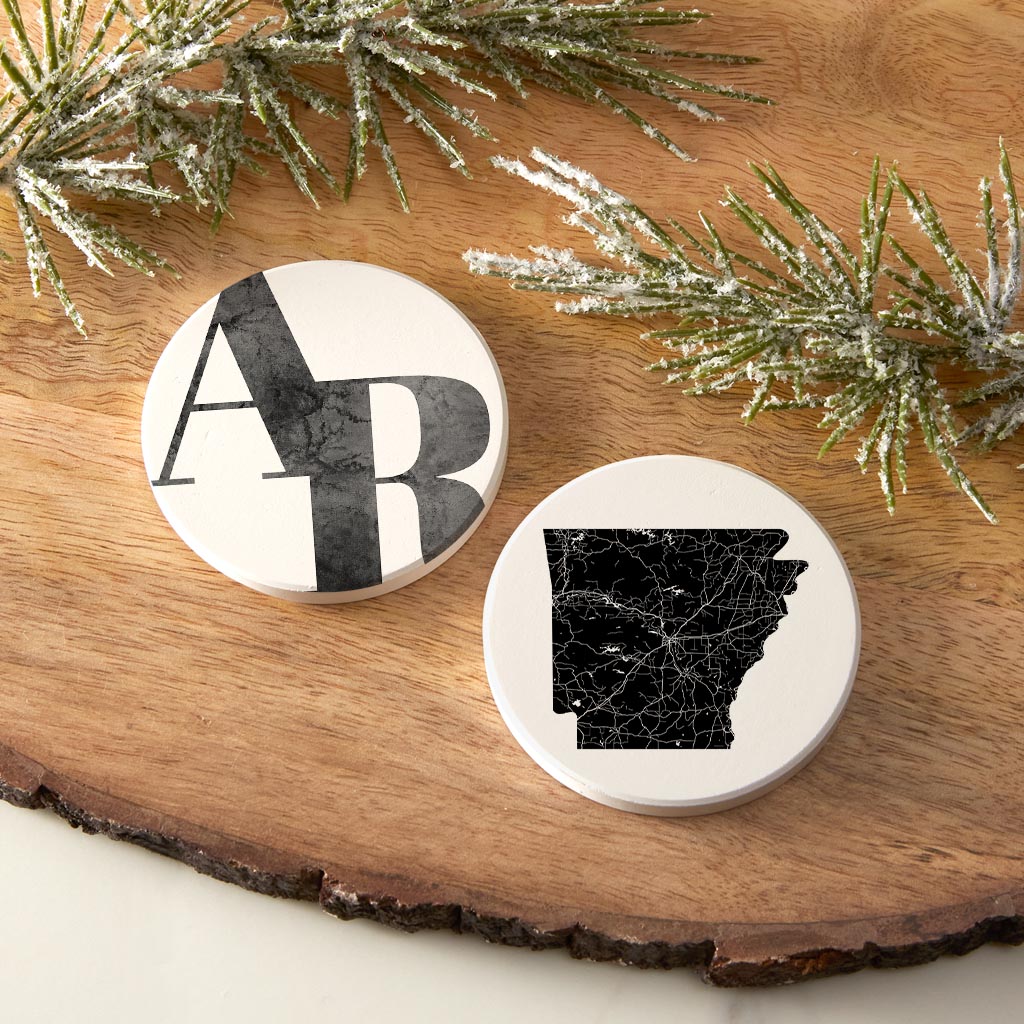 B&W Minimalist Arkansas Initials State Map| Absorbent Car Coasters | Set of 2 | Min 4