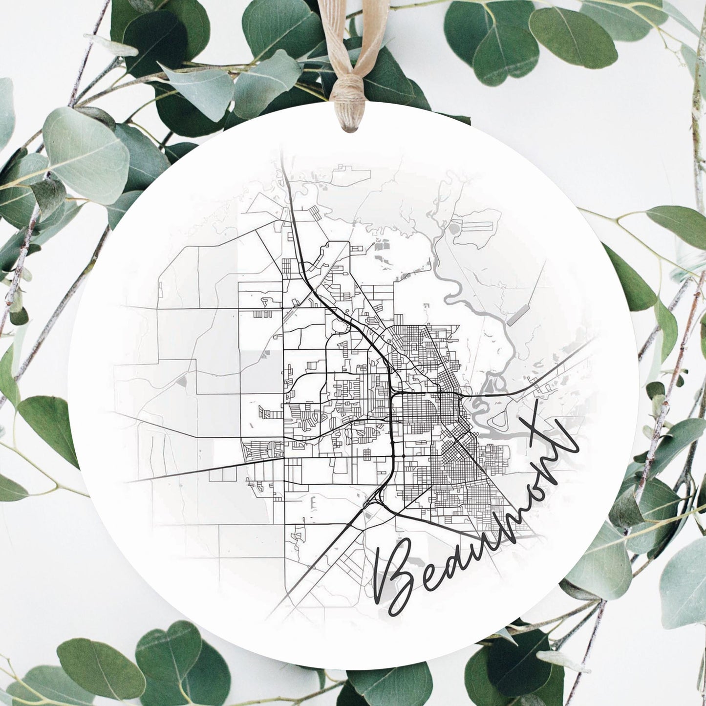 Minimalistic B&W Texas Beaumont Circle Map | Wood Ornament | Eaches | Min 1