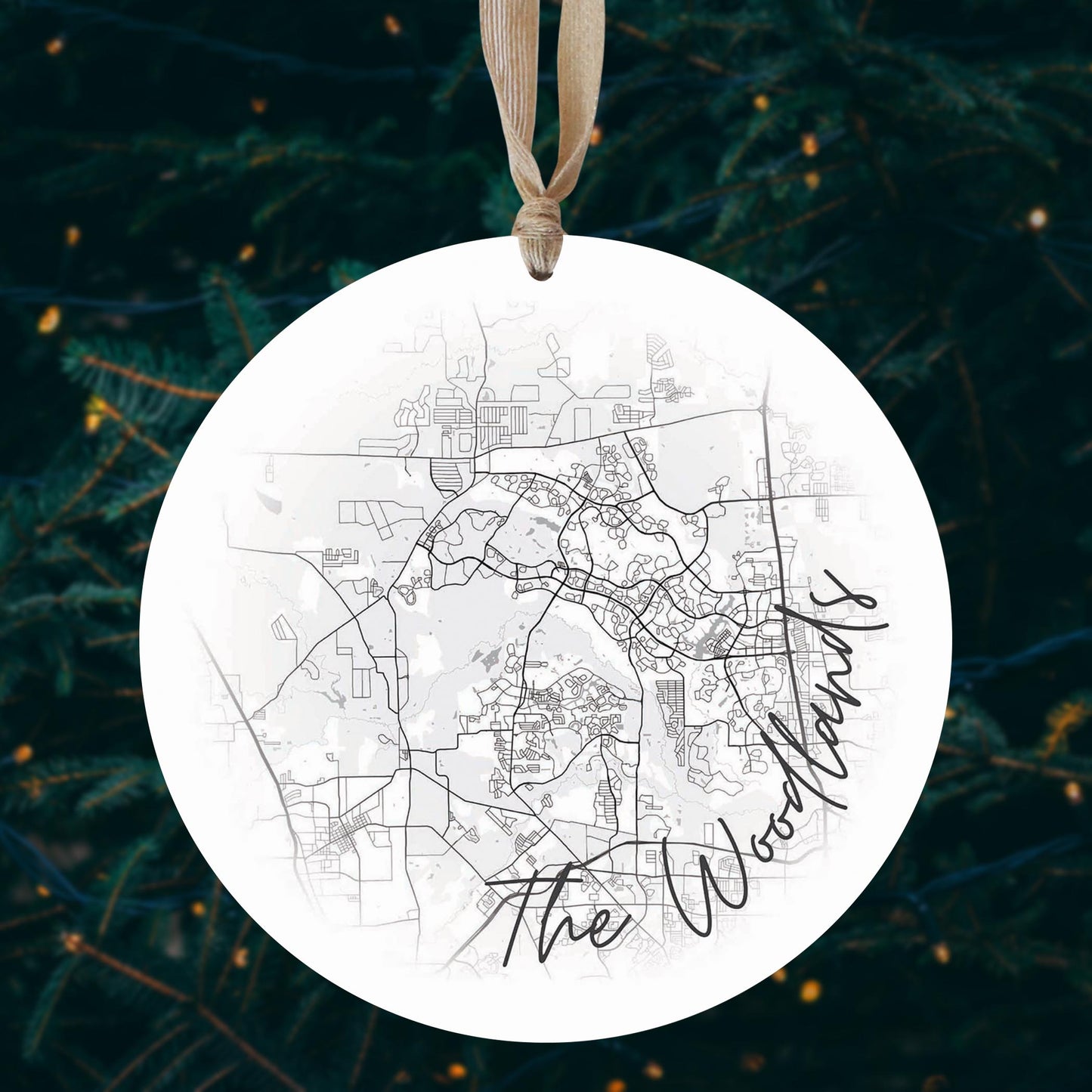 Minimalistic B&W Texas The Woodlands Circle Map | Wood Ornament | Eaches | Min 1