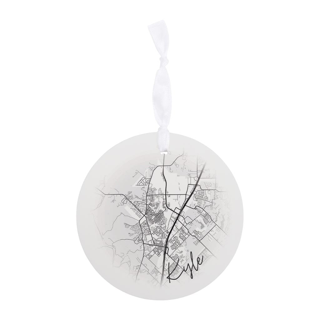 Minimalistic B&W Texas Kyle Circle Map | Wood Ornament | Eaches | Min 6