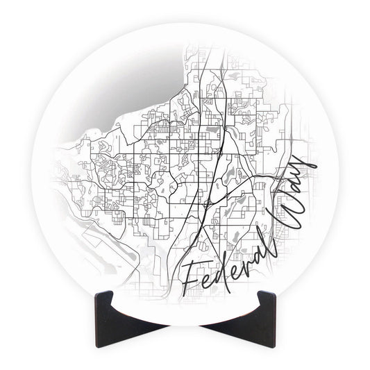 Minimalistic B&W Washington Federal Way Circle Map | Wood Sign | Eaches | Min 1