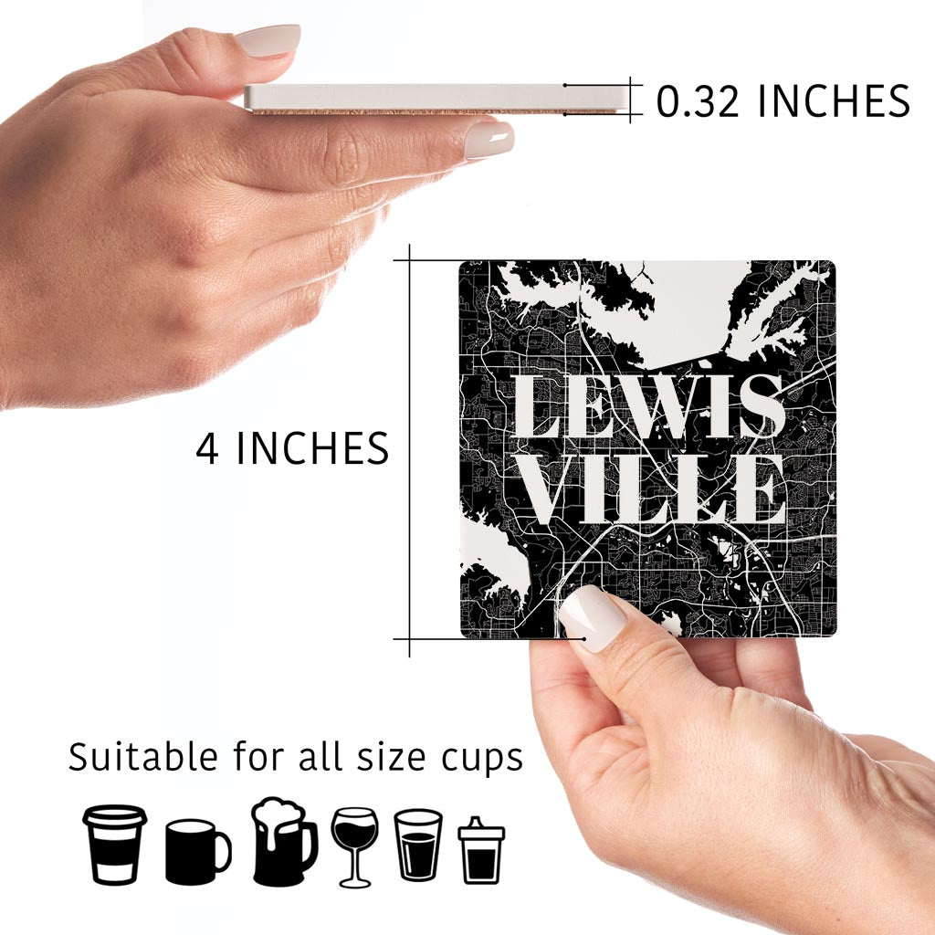 Minimalistic B&W Texas Lewisville Map| Absorbent Coasters | Set of 4 | Min 2