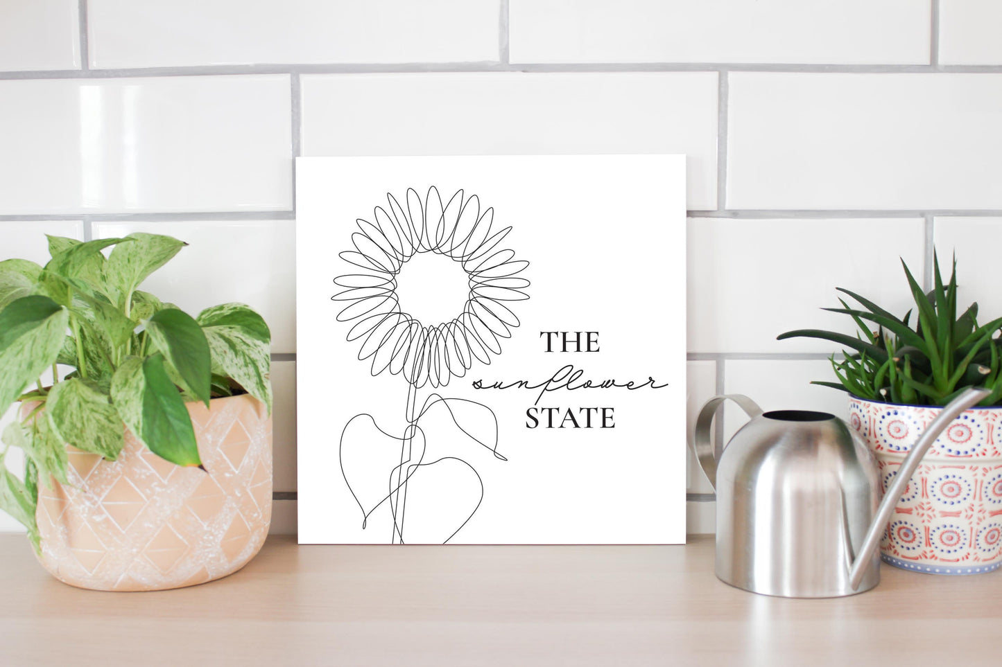 Minimalist B&W Kansas Sunflower Line Drawing | Wood Sign | Eaches | Min 2