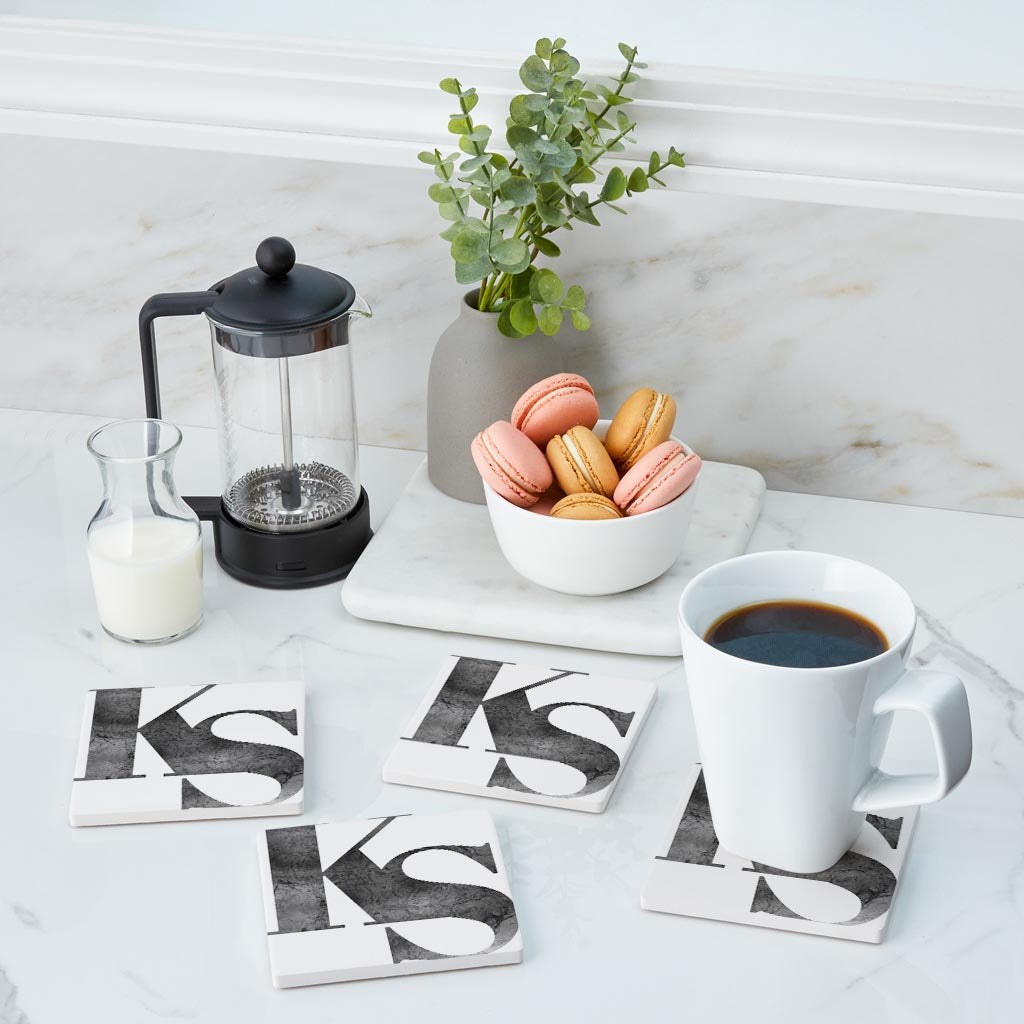 Minimalist B&W Kansas White Initials | Absorbent Coasters | Set of 4 | Min 2