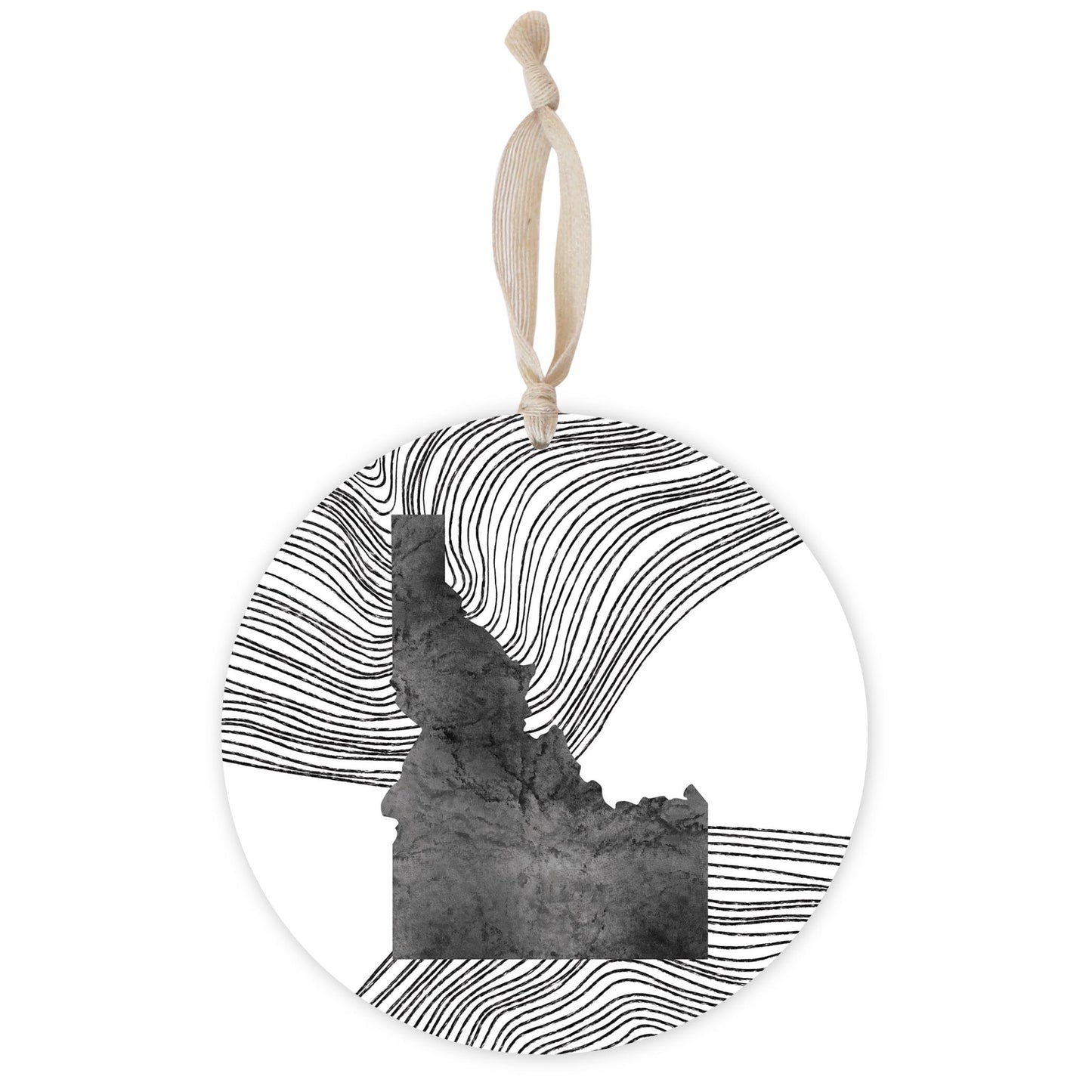 Minimalist B&W Idaho State With Fluid Lines | Wood Ornament | Eaches | Min 1