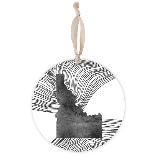 Minimalist B&W Idaho State With Fluid Lines | Wood Ornament | Eaches | Min 1