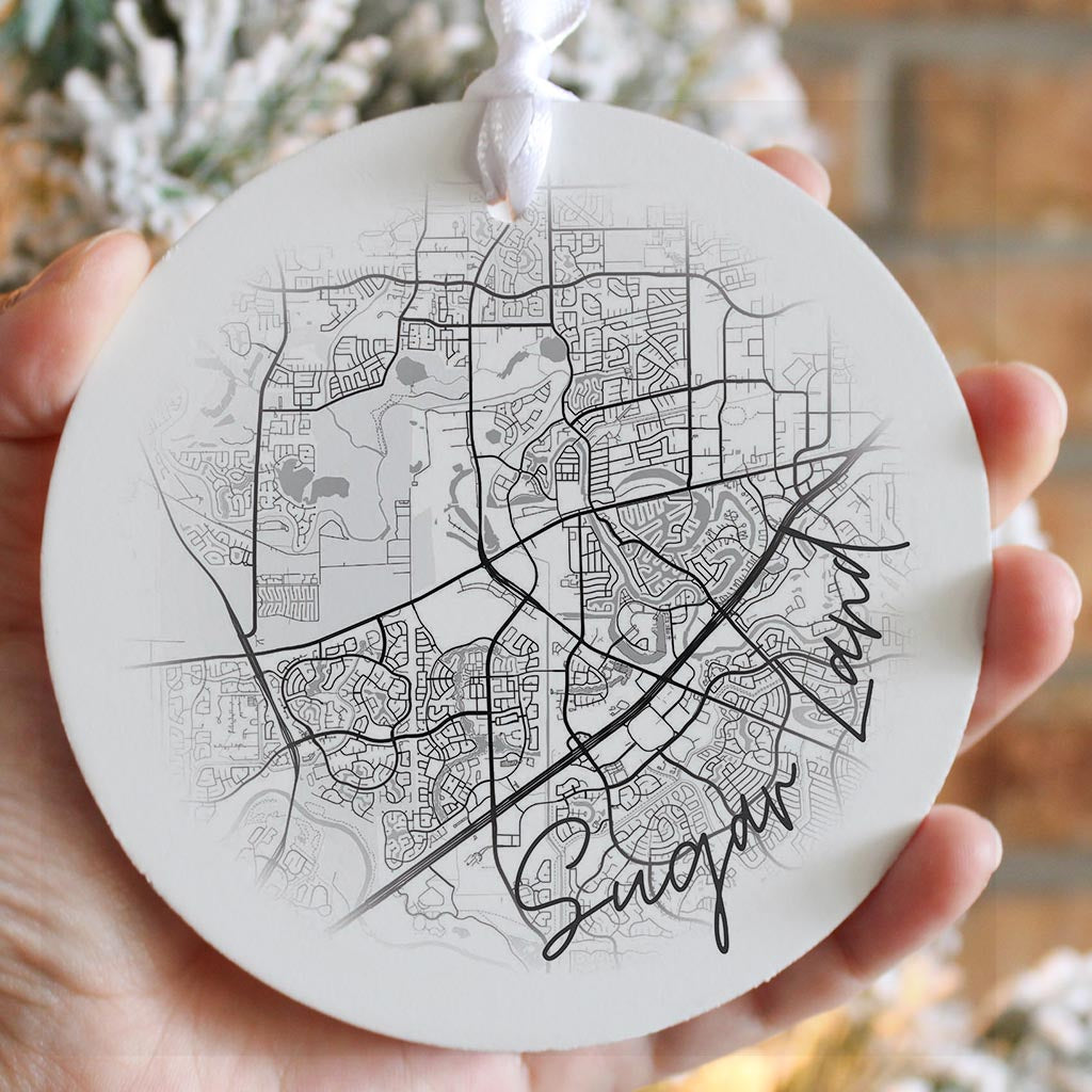 Minimalistic B&W Texas Sugarland Circle Map | Wood Ornament | Eaches | Min 6