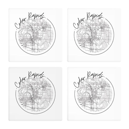 Minimalistic B&W Iowa Cedar Rapids Circle Map| Absorbent Coasters | Set of 4 | Min 2