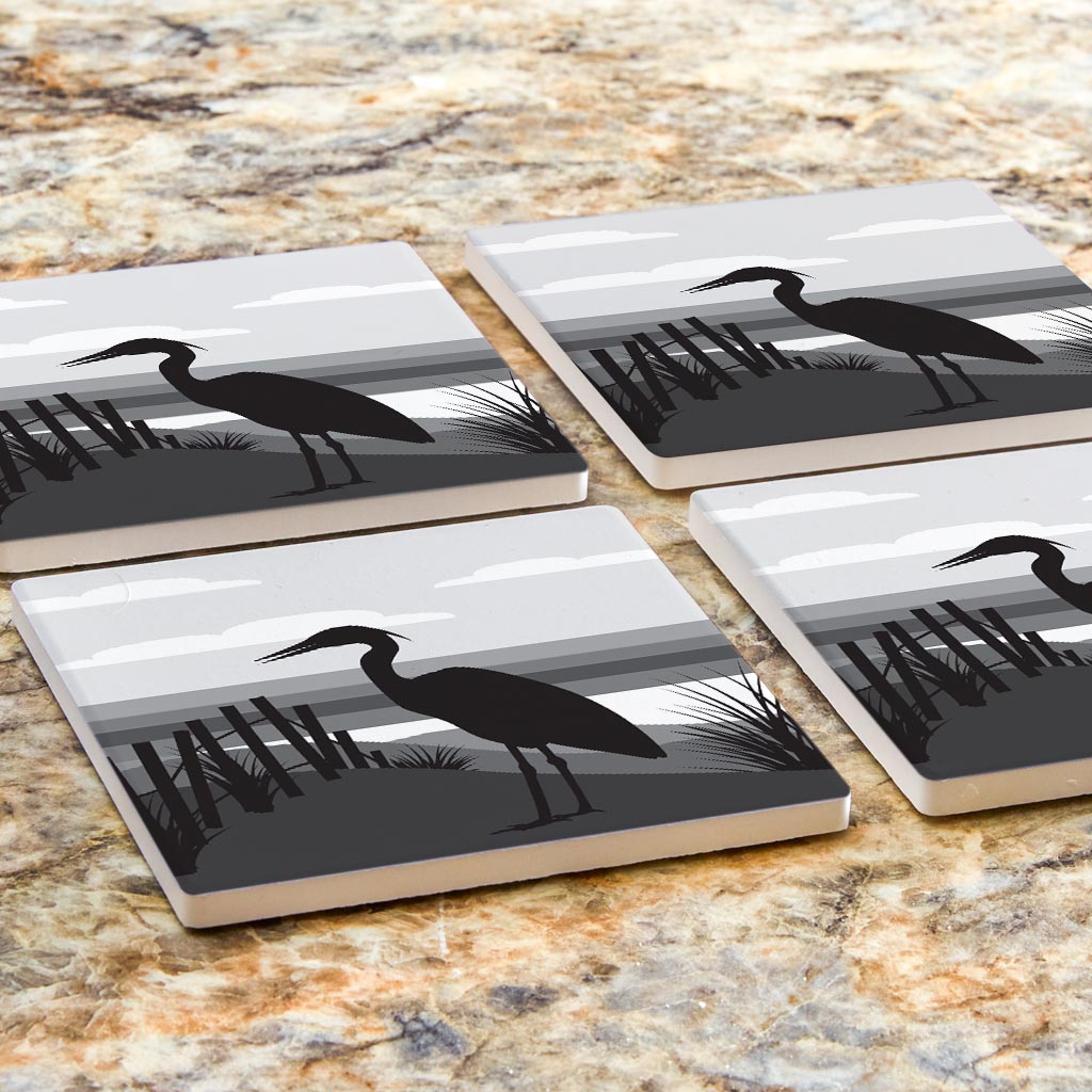 Minimalistic B&W Cape Cod Heron Illustration| Absorbent Coasters | Set of 4 | Min 2