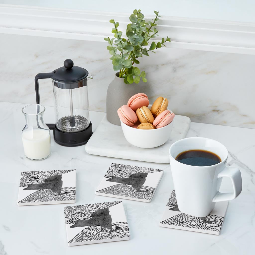 Minimalistic B&W New York State With Fluid Lines | Absorbent Coasters | Set of 4 | Min 2