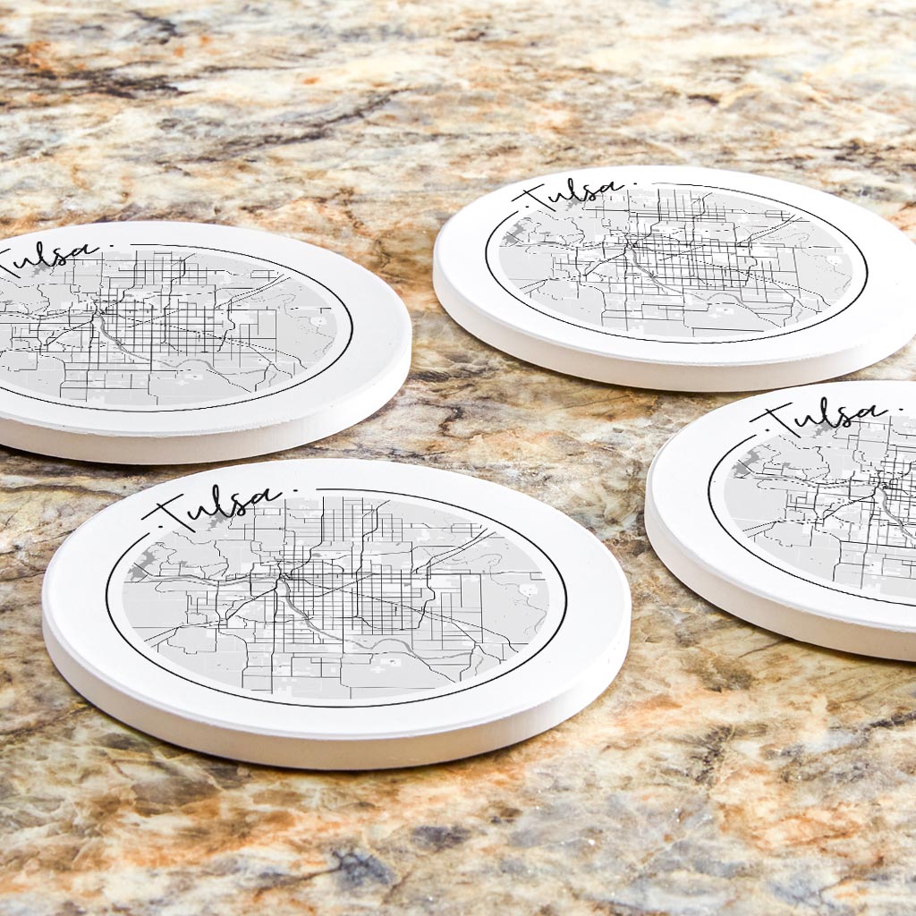 Modern Oklahoma Tulsa Circle Map | Absorbent Coasters | Set of 4 | Min 2