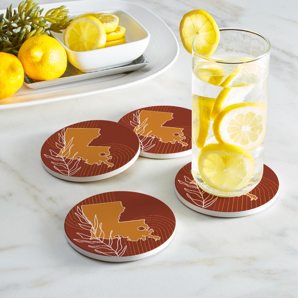 Modern Minimalist Louisiana State Shape With Leaf | Absorbent Coasters | Set of 4 | Min 2