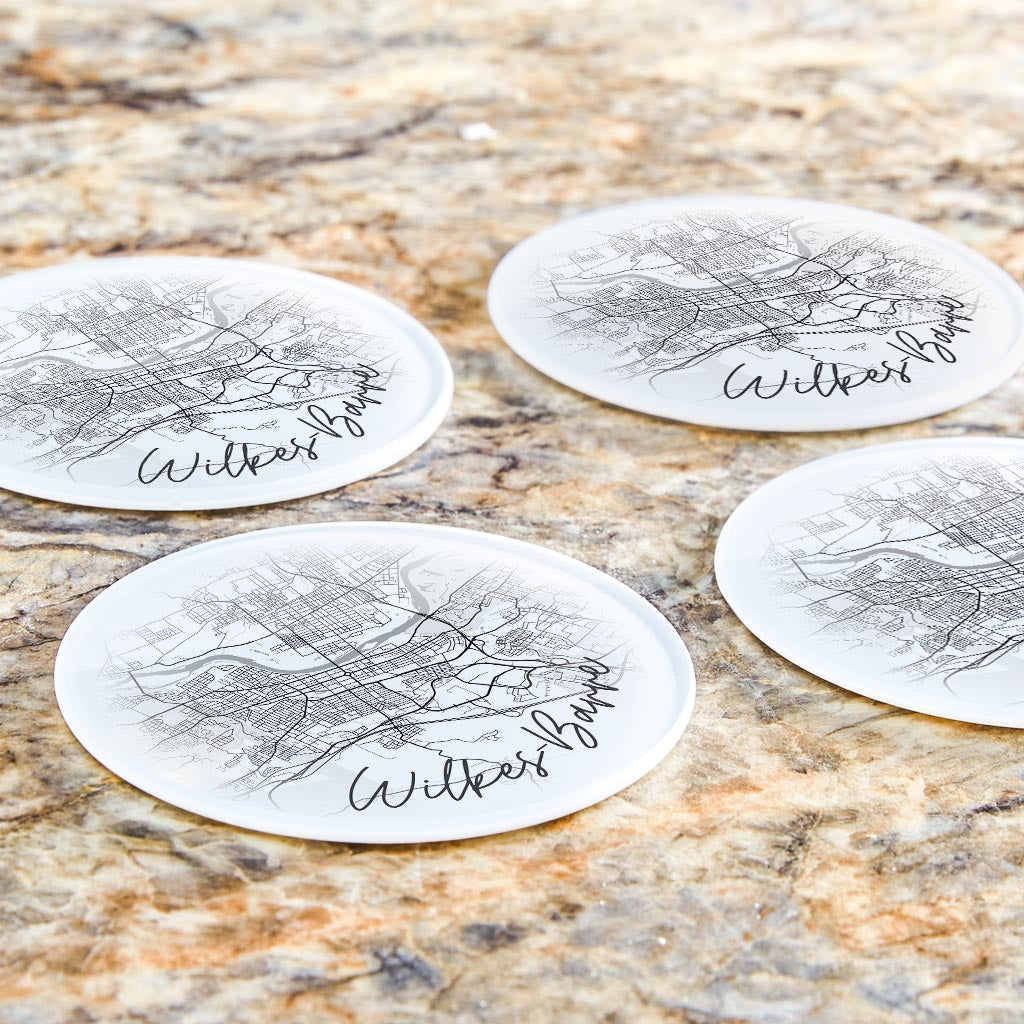 Minimalistic B&W Pennsylvania Wilkes Barre Circle Map | Hi-Def Glass Coasters | Set of 4 | Min 2