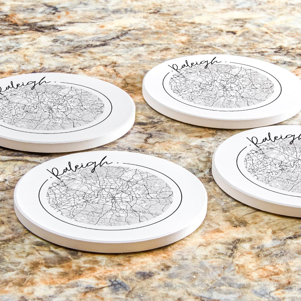 Minimalistic B&W North Carolina Raleigh Circle Map | Absorbent Coasters | Set of 4 | Min 2