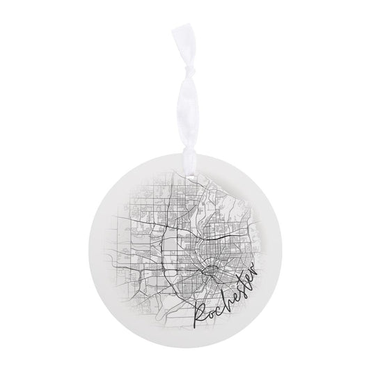 Minimalistic B&W New York Rochester Faded Circle Map | Wood Ornament | Eaches | Min 6