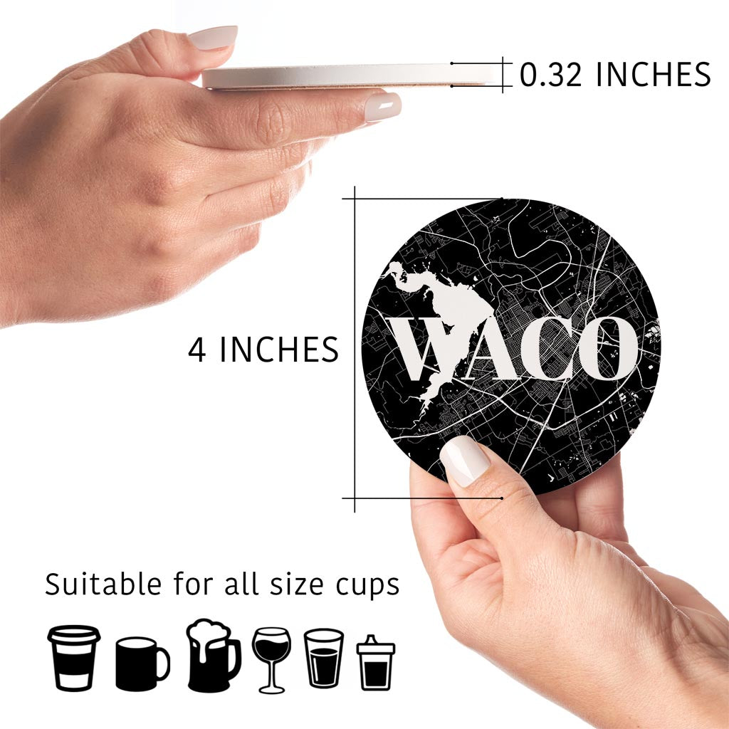 Minimalistic B&W Texas Waco Map | Absorbent Coasters | Set of 4 | Min 2