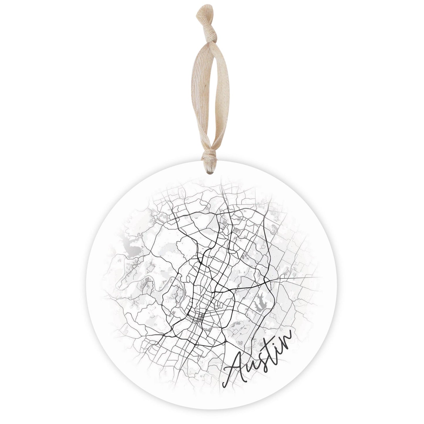 Minimalistic B&W Texas Austin Circle Map | Wood Ornament | Eaches | Min 1