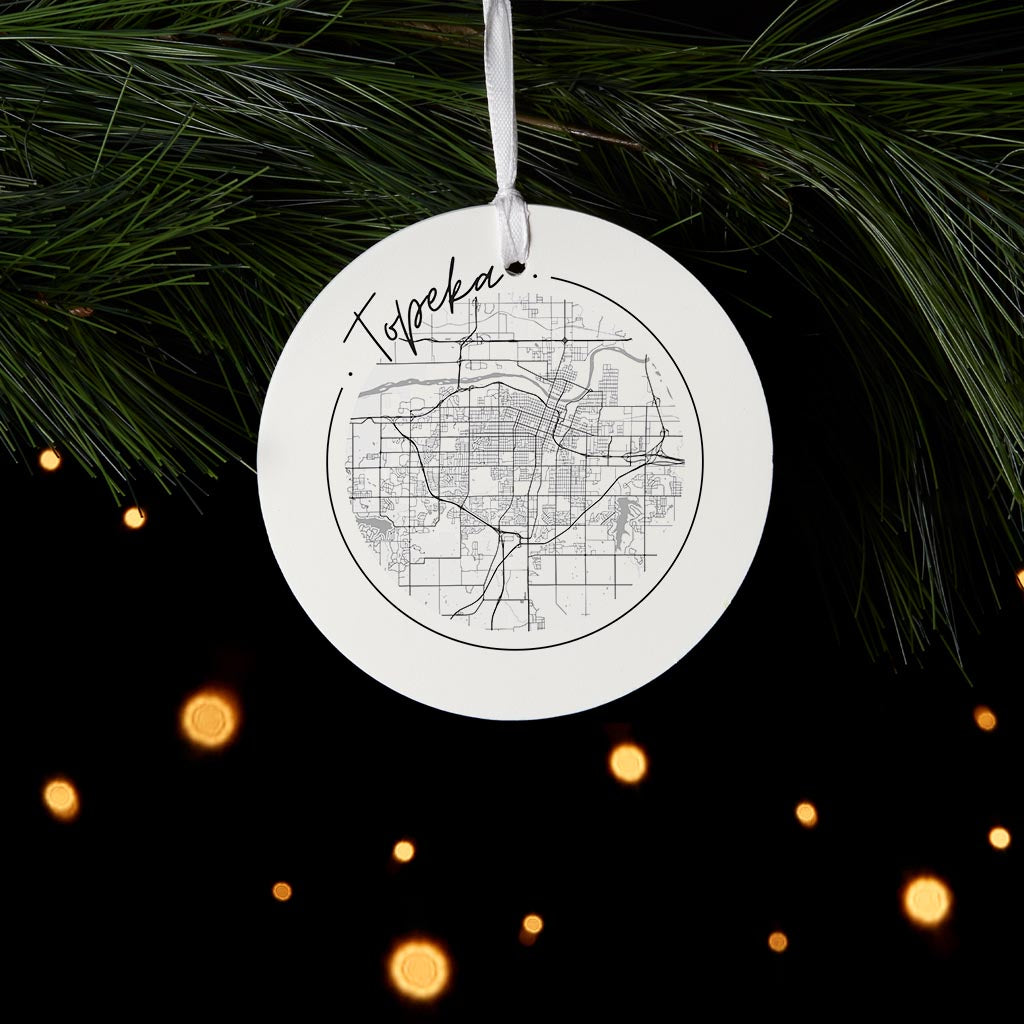 Minimalist B&W Kansas Topeka Circle Map | Wood Ornament | Eaches | Min 6