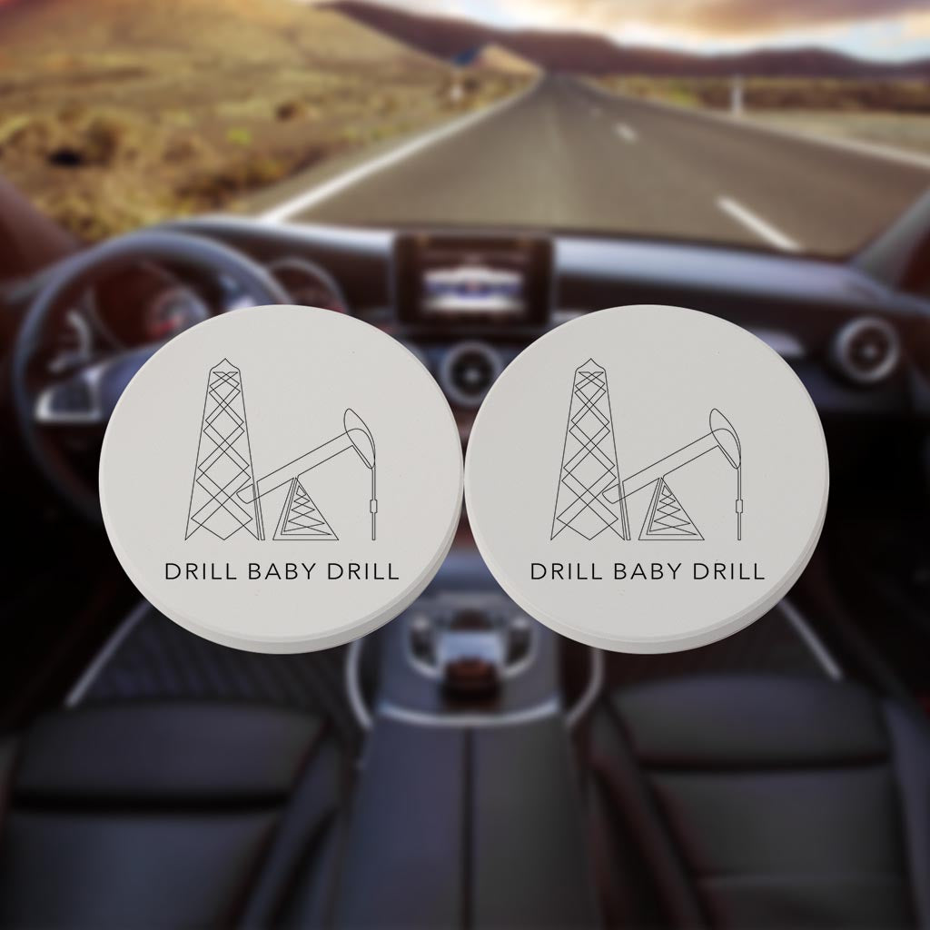 Modern Oklahoma Line Drawing Drill Baby Drill | Absorbent Car Coasters | Set of 2 | Min 4