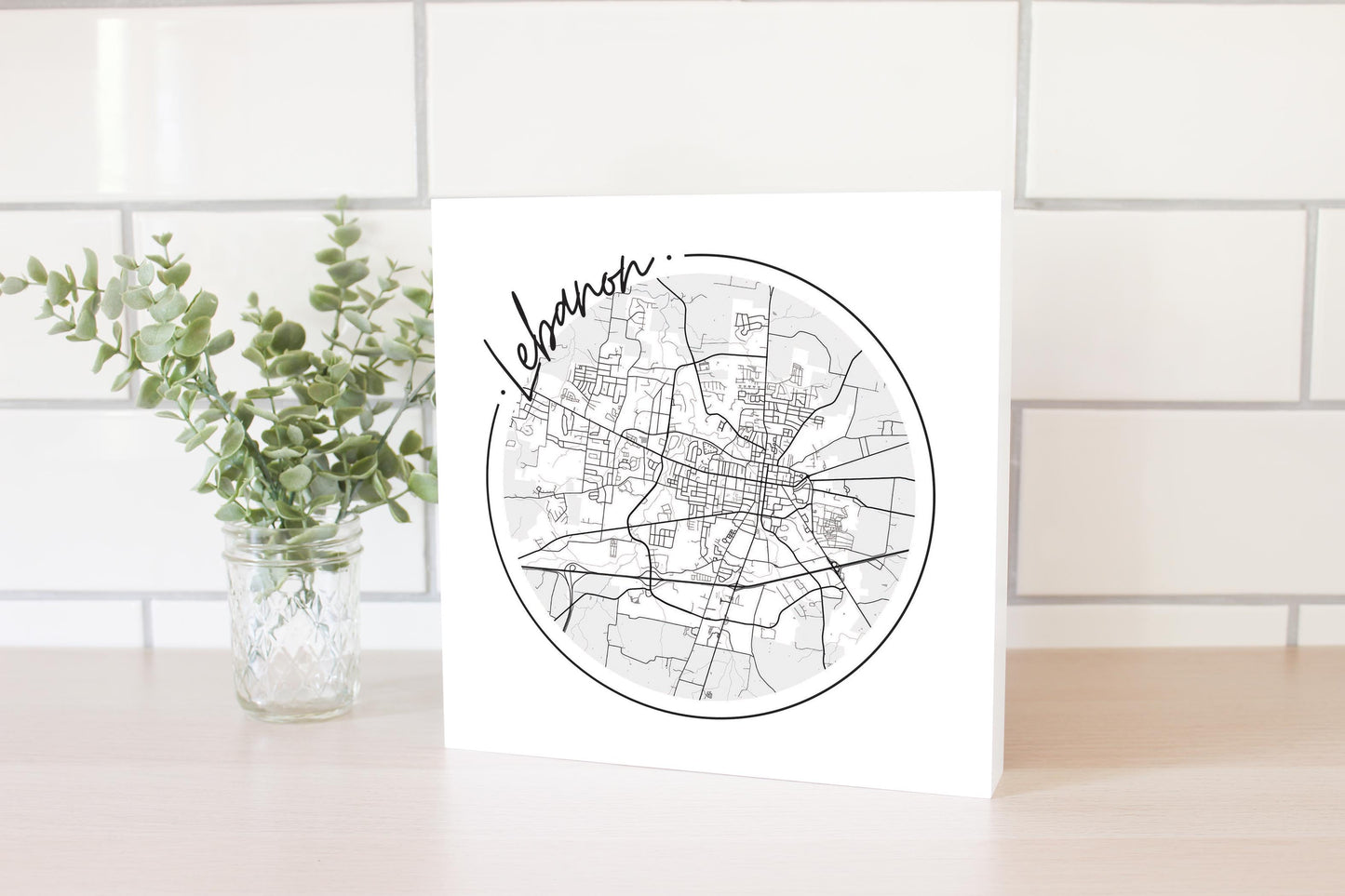 Minimalist B&W Tennessee Lebanon Circle Map | Wood Block | Eaches | Min 2