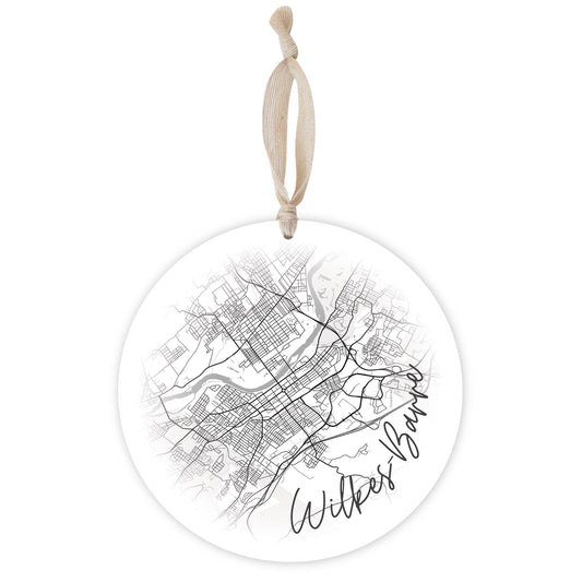 Minimalistic B&W Pennsylvania Wilkes Barre Circle Map | Wood Ornament | Eaches | Min 1