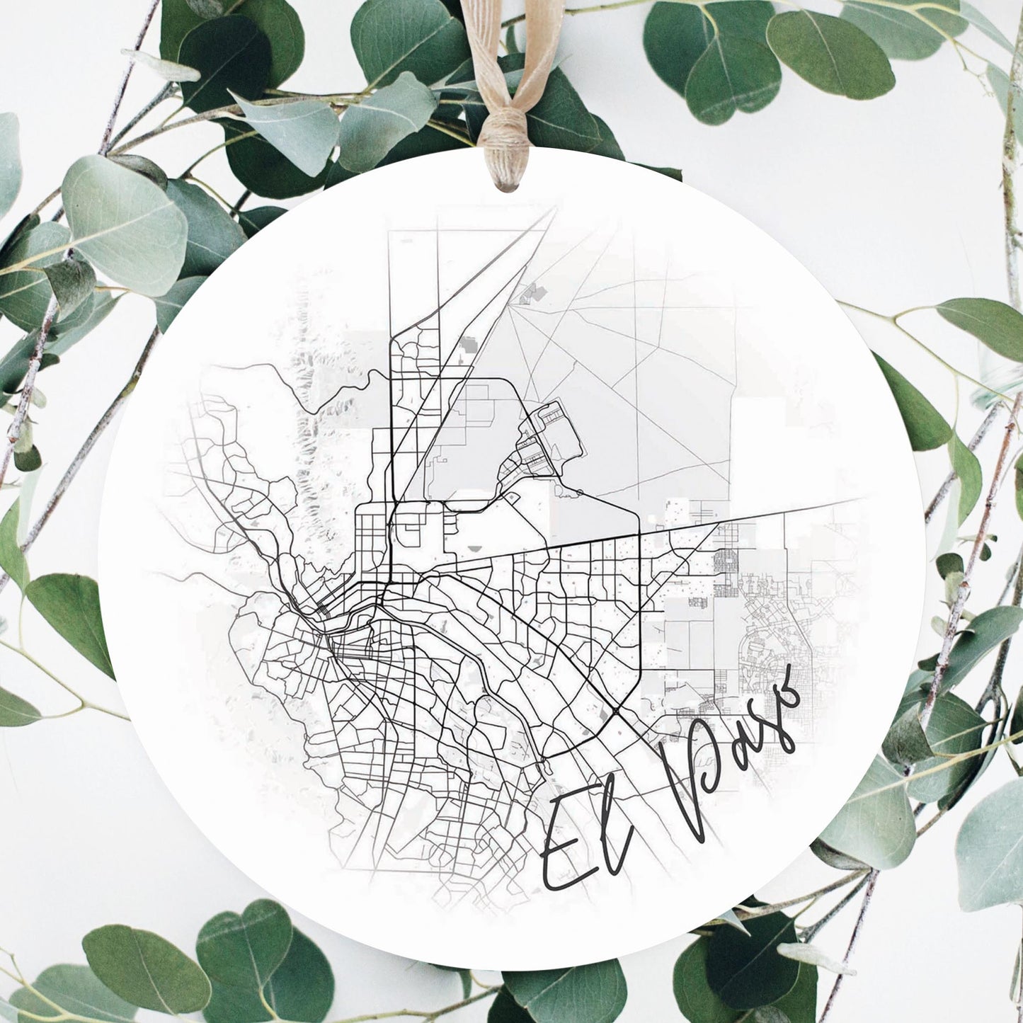 Minimalistic B&W Texas El Paso Circle Map | Wood Ornament | Eaches | Min 1