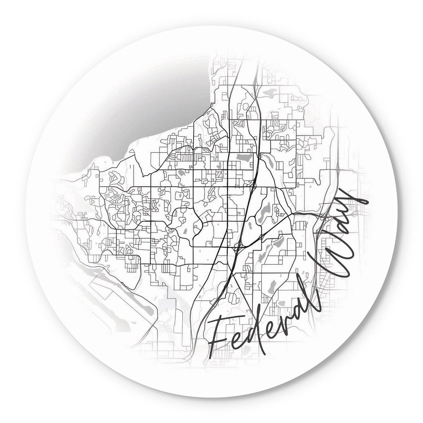 Minimalistic B&W Washington Federal Way Circle Map | Wood Sign | Eaches | Min 1