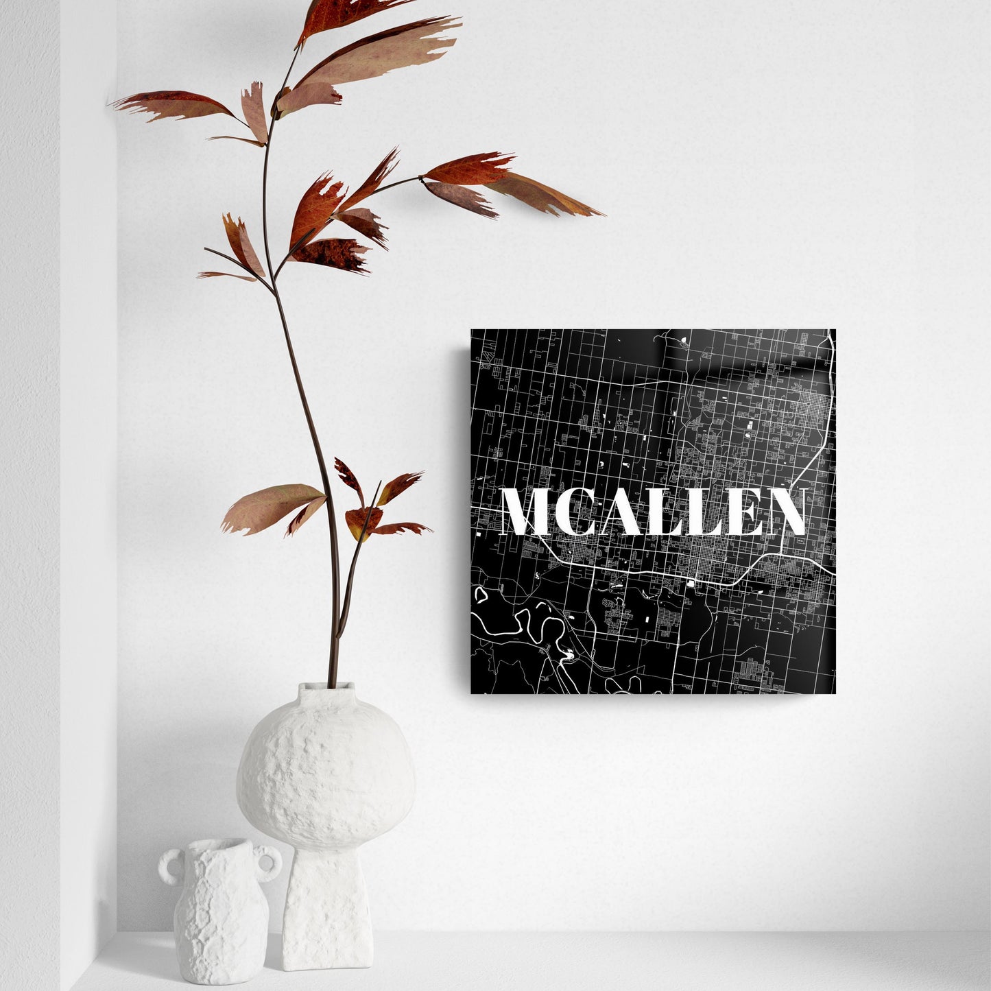 Minimalistic B&W Texas Mcallen Map | Hi-Def Glass Art | Eaches | Min 2