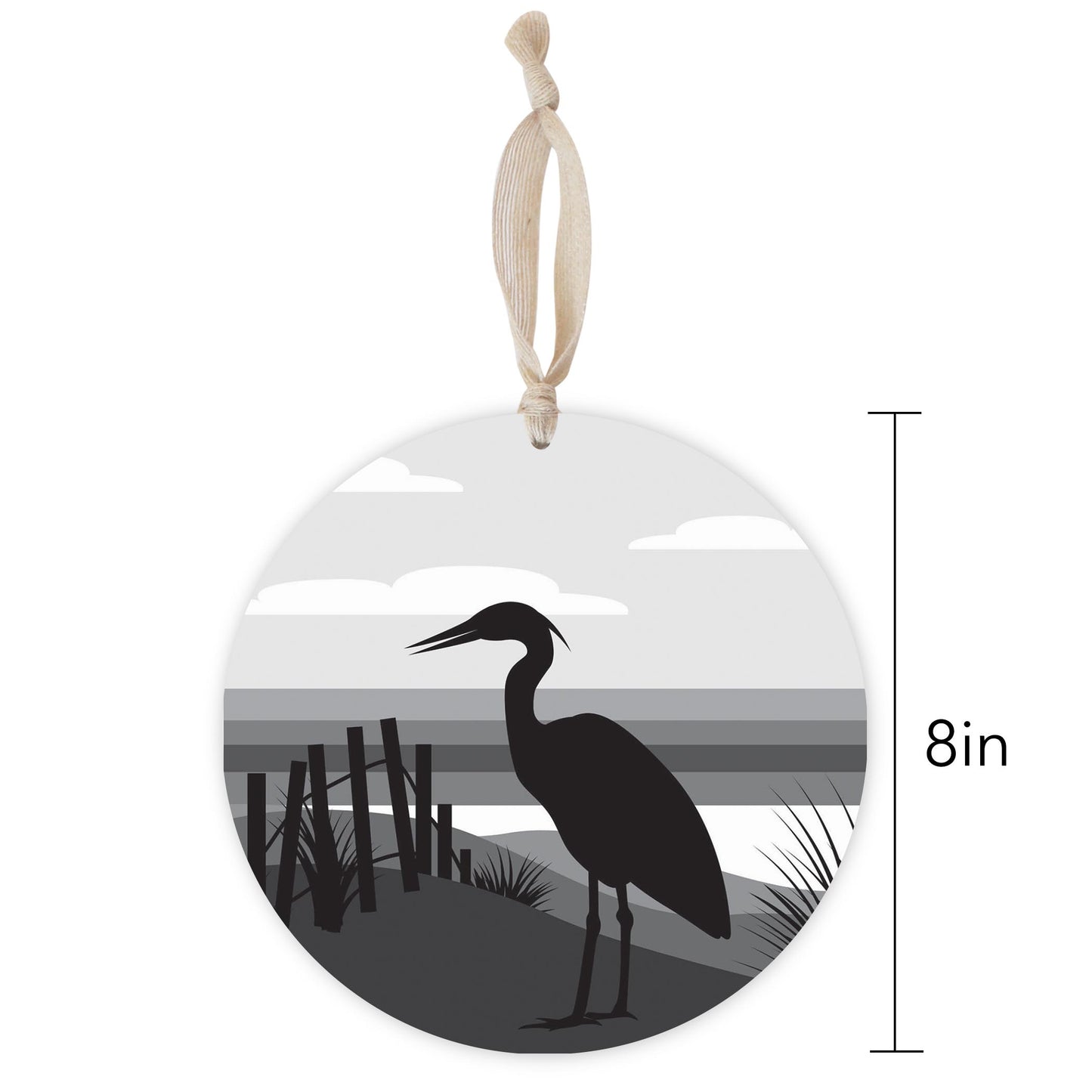 Minimalistic B&W Cape Cod Heron Illustration | Wood Ornament | Eaches | Min 1