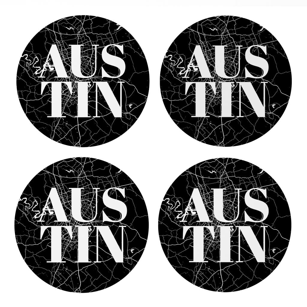 Modern Black Austin Map | Absorbent Coasters | Set of 4 | Min 2